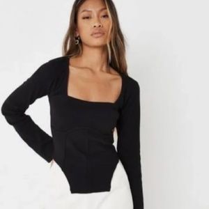 Missguided Black Rib Corset Detail Asymmetric Milkmaid Top NWOT